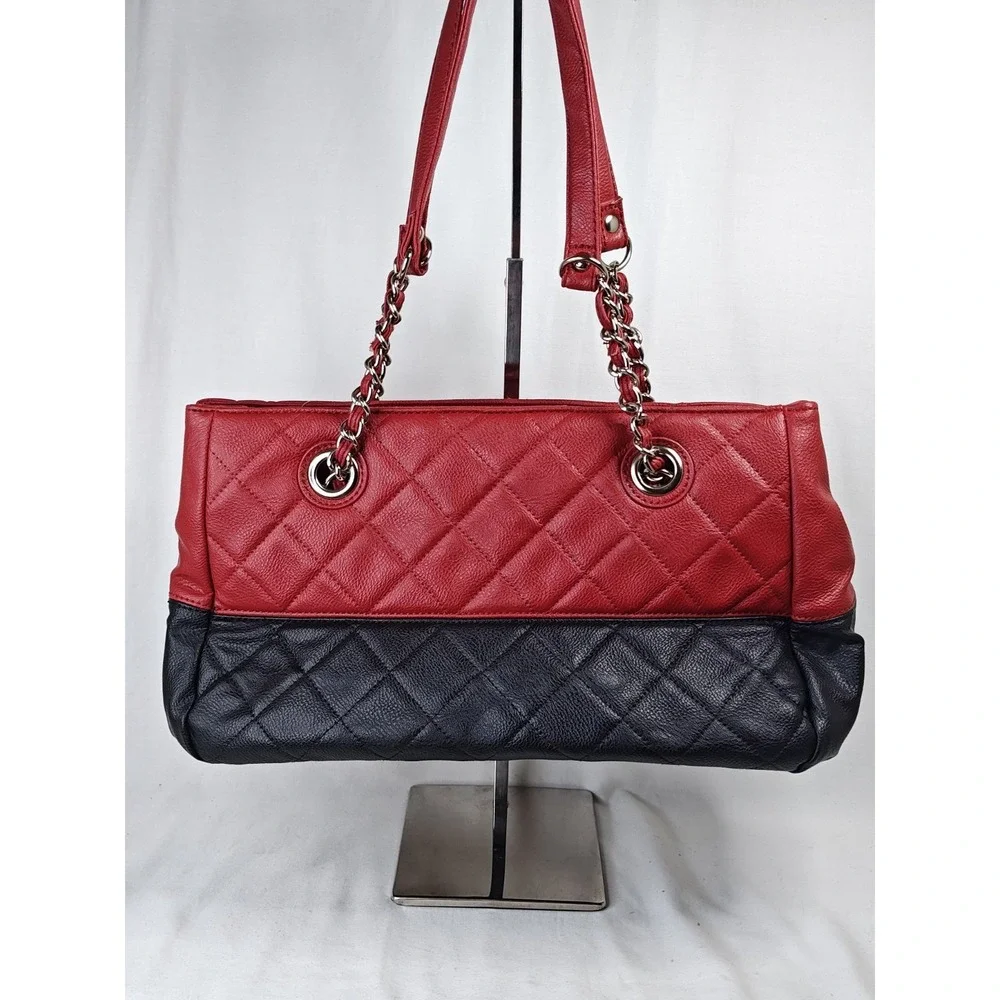 Nine West Quilted Colorblock Tote Purse Red Black Chain Strap NWT 60268715-F70